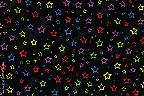 Colorful star pattern on black background with vibrant neon stars scattered across. Ideal for party designs, kids themes, wallpapers, festive backgrounds, graphic design projects vector.