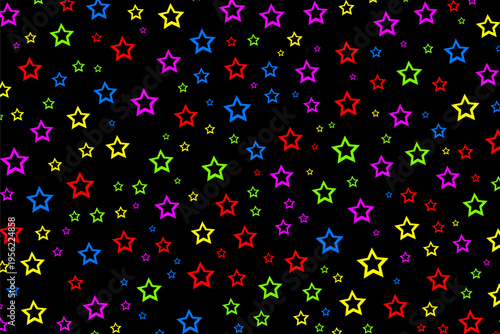 Colorful star pattern on black background with vibrant neon stars scattered across. Ideal for party designs, kids themes, wallpapers, festive backgrounds, graphic design projects.