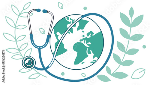 Illustration Mockup of a Stethoscope Wrapped Around a Globe, Surrounded by Leaves, Symbolizing Global Healthcare and Environmental Health