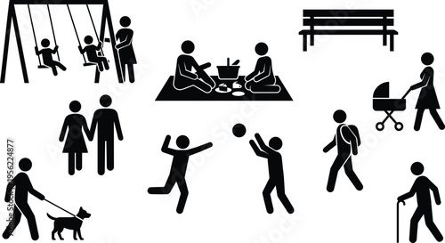Flat vector illustration of diverse park activities, family picnic, children playing, walking dog, elderly strolling, outdoor leisure lifestyle