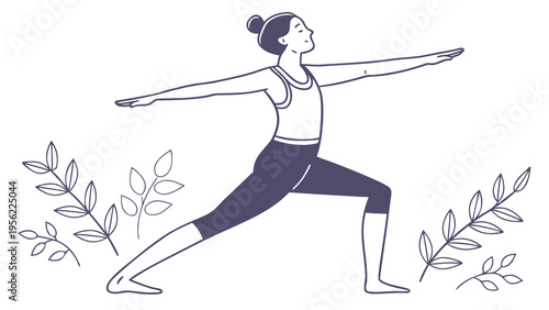 Young Woman Performing Yoga Warrior II Pose With Botanical Elements Illustration Mockup