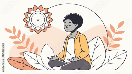 Serene Person Meditating in Lotus Pose, Mindfulness Illustration Mockup