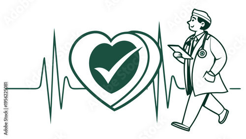 Doctor walking next to a healthy heart checkup graphic mockup, medical concept illustration