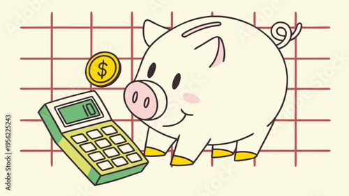 A charming illustration mockup featuring a piggy bank, a calculator, and a coin, symbolizing financial planning and savings, perfect for educational or business purposes
