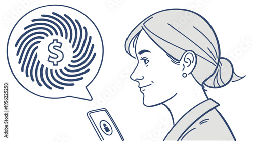 Illustration mockup of a woman viewing a digital invoice on her phone, with a swirling dollar sign in the speech bubble above
