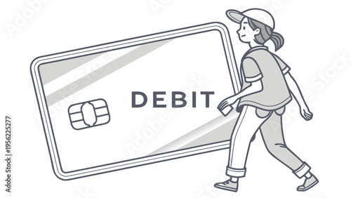 Line art illustration of a person holding a debit card mockup, ideal for financial services and payment concepts