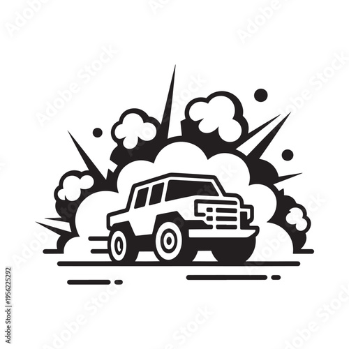 A black and white illustration of a vehicle speeding through an explosion