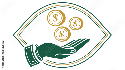 A stylized hand in a dark green sleeve is shown holding three gold coins with dollar signs, suggesting a mockup of receiving money, set within a diamond-shaped frame
