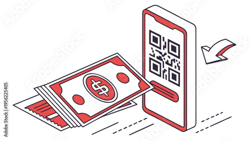 Money transfer concept illustration with smartphone mockup displaying QR code and cash money, financial transaction visualization
