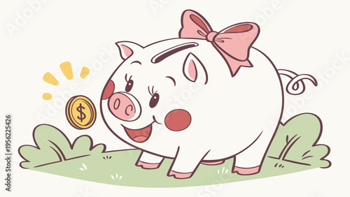 Cute piggy bank with a bow on its head and a coin in its mouth, a fun financial mockup for savings and earnings, perfect for a refund icon