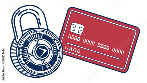 A red credit card mockup is secured by a vintage combination lock, representing secure online payment and financial protection. This illustration is ideal for banking and e-commerce