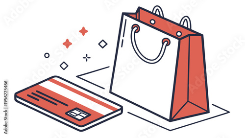 Isometric shopping bag and credit card mockup, representing online shopping and payment convenience, with sparkling effects and clean design