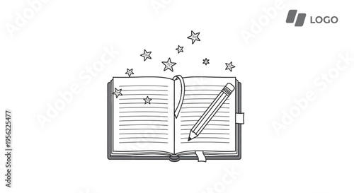Open Sketchbook with Pencil and Stars, Hand-Drawn Illustration