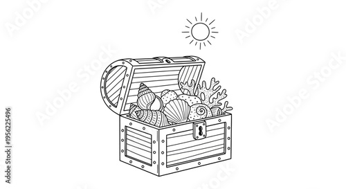 Open Treasure Chest Filled with Seashells and Coral Under the Sun