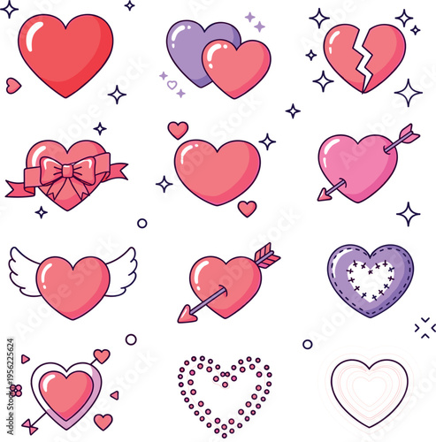 Cute Valentine Hearts Icon Set with Love Symbols, Broken Heart, Arrow Heart, Winged Heart and Romantic Decorative Elements Vector