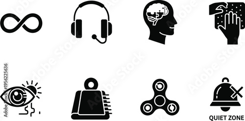 Neurodiversity and Sensory Processing Icon Set with Autism Awareness, ADHD Support, Quiet Zone, and Fidget Tool Symbols for Inclusive Education, Mental Health Apps, and Workplace Accessibility