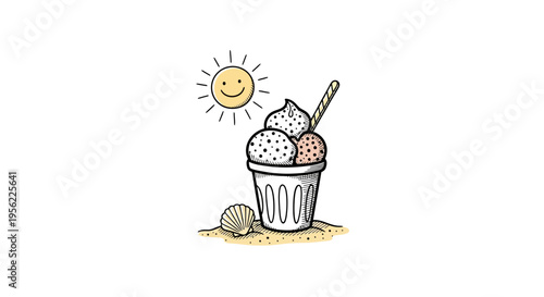Hand-Drawn Ice Cream Sundae with Smiling Sun and Seashell