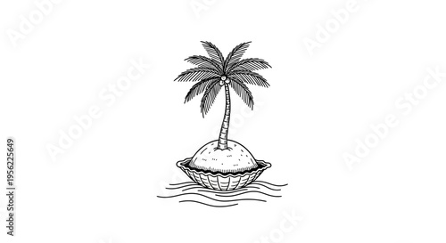 Hand-drawn Palm Tree on Island in Shell with Waves Illustration
