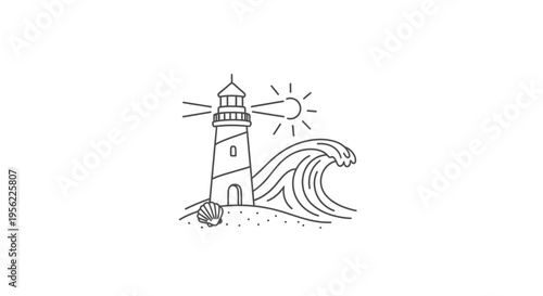 Minimalist Lighthouse Scene with Wave, Sun, and Seashell Illustration