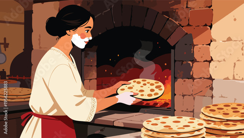 Baker taking flatbread from a wood-fired oven woman pizza.