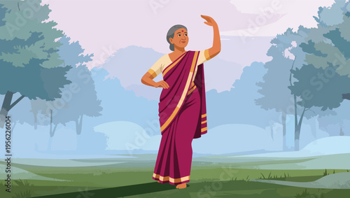 Elderly Indian Woman in Traditional Sari Performing Classical Dance in a Serene Outdoor Setting senior.