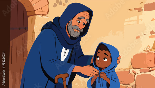 Elderly man in blue robe adjusts hood on young boy's head in courtyard old man child.