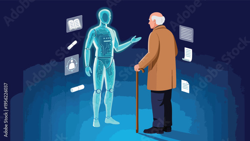 Elderly man conversing with a holographic AI projection in a futuristic setting senior artificial intelligence.