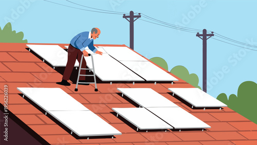 Elderly man installing solar panels on a tiled roof with power lines in the background senior.