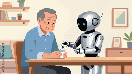 Elderly man and a humanoid robot interacting at a table in a cozy living room setting senior citizen.