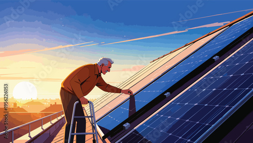 Elderly man on a ladder inspects solar panels on a rooftop at sunset vector illustration.
