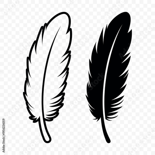 Vector Black and White Silhouette Fluffy Feather Icon. Silhouette Feather Closeup, Isolated. Flamingo, Angel, Bird Feather Design Template. Lightness and Freedom Concept