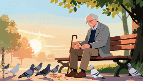 Elderly man sitting on a park bench feeding pigeons at sunset senior.