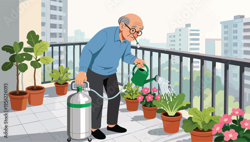 Elderly man watering plants on a balcony with a watering can and tank senior.