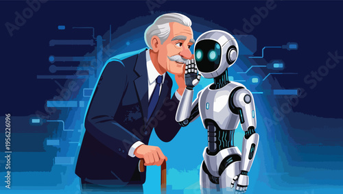 Elderly man whispering a secret into a robot's ear vector illustration.