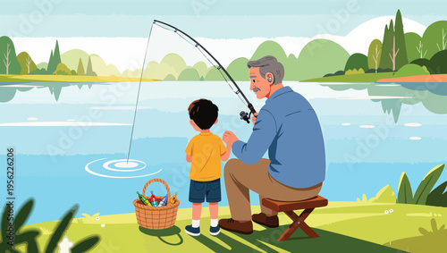 Grandfather and Grandson Fishing by a Serene Lake with a Basket of Lures water.