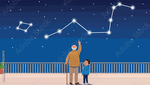 Grandfather and grandson pointing at constellations in the night sky stars.
