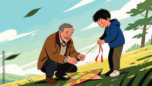 Grandfather and Grandson Preparing a Colorful Kite for Flight on a Sunny Hillside flying preparation.