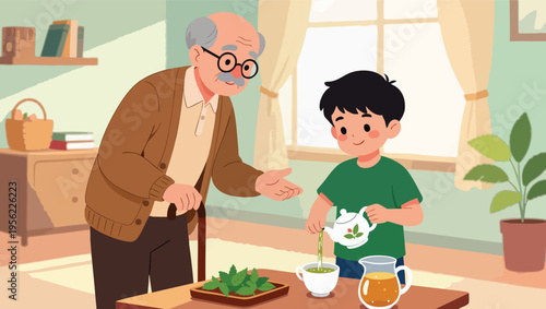 Grandfather and grandson pouring tea indoors with sunlight serving.
