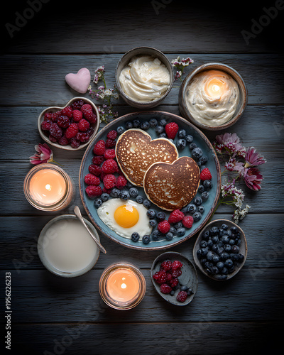Heart-shaped pancakes with berries cozy kitchen food romantic atmosphere