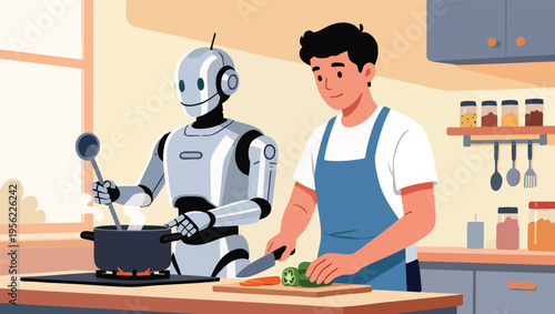 Human and robot cooking together in a modern kitchen with fresh ingredients and cooking utensils food.