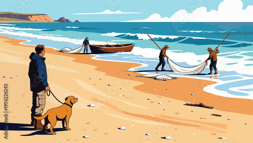 Man and Dog Watch Fishermen Hauling Net on Sandy Beach with Boat and Ocean Waves water.