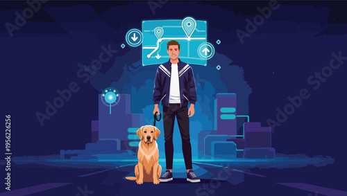Man and golden retriever dog in a futuristic city at night with a glowing navigation map animal.