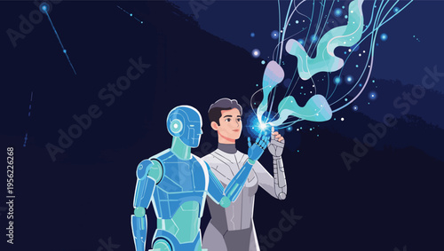 Man and robot interacting with glowing blue digital energy streams in a dark environment android human.