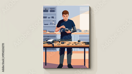Man assembling a drone on a table with tools and drone parts in a workshop building repairing.