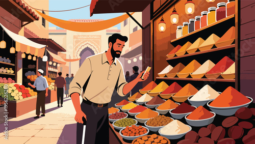 Man browsing colorful spices at a bustling outdoor market stall vector illustration.