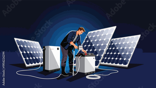 Man connecting solar panels to a battery and power station vector illustration.