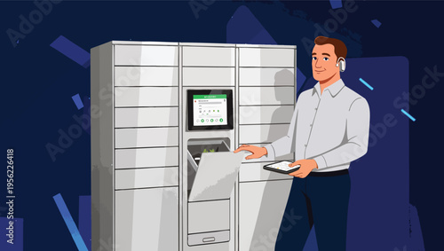 Man using a smart locker system with a tablet and earbuds technology delivery.