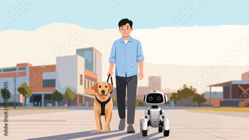 Man walking a guide dog and a robot companion in a modern urban environment vector illustration.