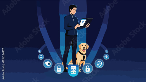 Man with a dog and security icons on a dark blue background with glowing arcs.