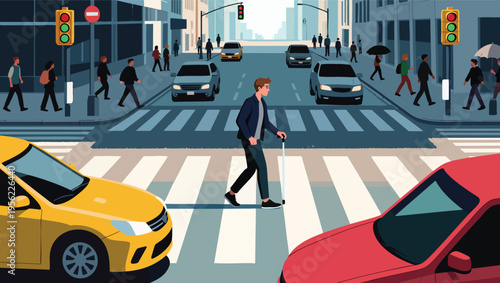 Man with cane crossing a city street at a crosswalk with cars and traffic lights walking stick.